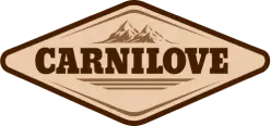 logo Carnilove-producenta żywności dla zwierząt domowych. Na tle logotypu widać nawę firmy oraz stoki gór