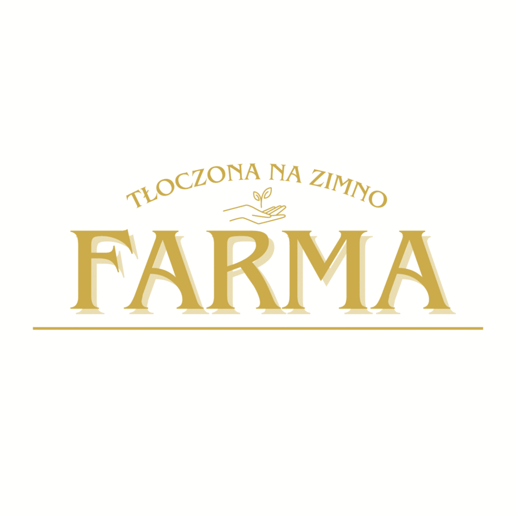 logotyp producenta karm dla zwierząt-Farma. Napis na logotypie w kolorze złotym "Tłoczona na zimno" a poniżej napis "Farma"