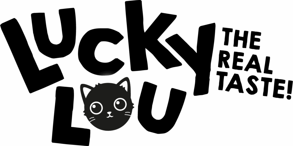logo producenta karm dla kotów. Lucky Lou. Na logotypie widać nazwę producenta, zamiast o jest ukazana głowa kota