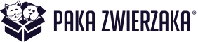 logo producenta karm dla zwierząt Paka zwierzaka. Na obrazku jest przedstawiony karton z kotem i psem a obiok nich napis Paka Zwierzaka