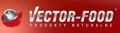 logo producenta Vector-food. Na ilustracji owity srebrny glob w czerwone strzałki a obok nazwa firmy