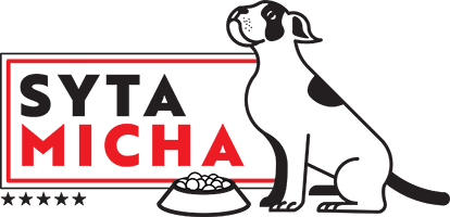 Pies z miską na tle napisu syta micha