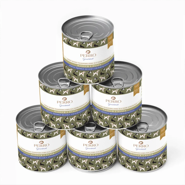 kilka puszek karmy Perro ustawionej w piramidę zielone