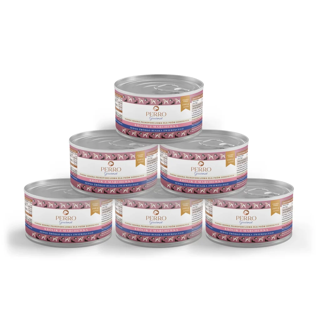 kilka puszek karmy Perro ustawionej w piramidę różowe