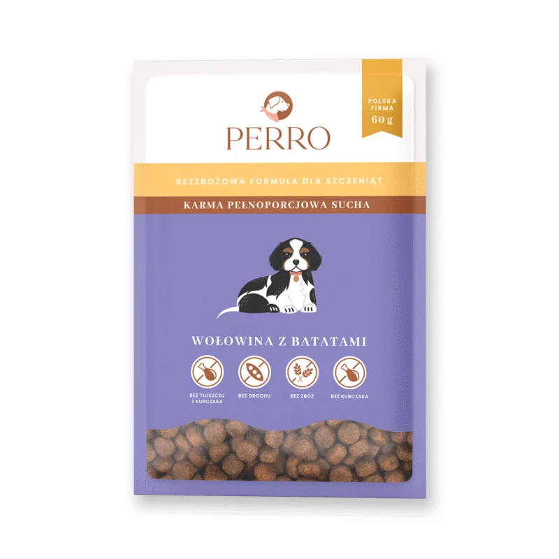 fioletowa saszetka z karmą producenta Perro